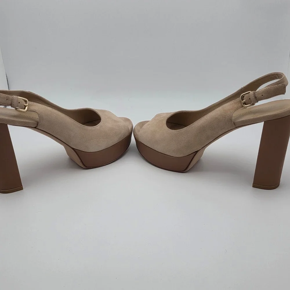 Stuart Weitzman Slingshot Block Heels Women 10 Tan Suede Platform‎ Wedding Guest